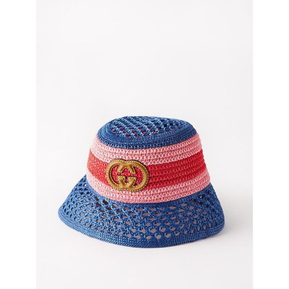 NWT GUCCI  Gg-Logo Striped Faux-Raffia Hat $750 SZ M Bucket Pink Blue Red - Picture 1 of 9